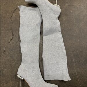Gray Over-the-Knee Boots with Embellished Heels